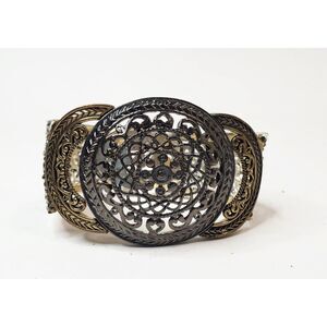 Black, Gold & Silver Tone Intricate Design Stretchy Cuff Bracelet